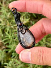 Load image into Gallery viewer, Chocolate Moonstone with Garnet gem Accent wire wrapped pendant necklace
