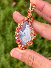 Load image into Gallery viewer, Artisan cab (positive rock) purple aurora opal/plume agate doublet with pink jade + amethyst + copper gem accents wire wrapped pendant necklace
