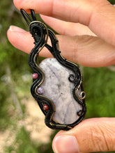 Load image into Gallery viewer, Artisan cab (positive rock) purple imperial jasper with maroon mookaite + amethyst gem accents wire wrapped pendant necklace

