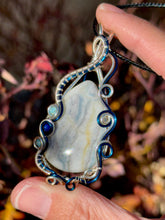 Load image into Gallery viewer, Reserved for Amy f DUO TONED WIRE blue scheelite with blue apatite + lapis lazuli inclusions Wire wrapped pendant
