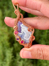 Load image into Gallery viewer, Artisan cab (positive rock) purple aurora opal/plume agate doublet with pink jade + amethyst + copper gem accents wire wrapped pendant necklace
