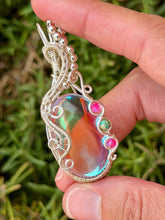Load image into Gallery viewer, Angel aura quartz with pink agate + sea sediment jasper gem accents wire wrapped pendant necklace
