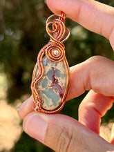 Load image into Gallery viewer, Sea sediment jasper with pearl gem accent wire wrapped pendant necklace

