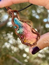 Load image into Gallery viewer, ARTISAN STONE (adit stones) rainbow (enhanced) fossilized palm root with blue apatite, green aventurine, raspberry jade, yellow Mookaite gem accents wire wrapped pendant necklace
