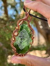 Load image into Gallery viewer, artisan cab (Marina Rabinskaya) serpentine with lotus design with prehnite + citrine gem accents wire wrapped pendant necklace
