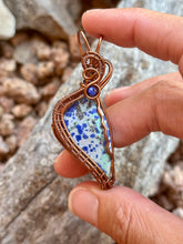 Load image into Gallery viewer, Artisan cab (johari gems) blue bird azurite with lapis lazuli gem accent wire wrapped pendant necklace
