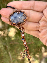 Load image into Gallery viewer, Iolite with moonstone + lapis lazuli gem accents wire wrapped skeleton key pendant necklace
