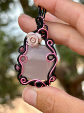 Load image into Gallery viewer, Rose quartz with pink tourmaline + rutile quartz gem accents wire wrapped pendant necklace
