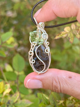 Load image into Gallery viewer, Turkish stick agate “pumpkin” with fluorite + prehnite gem inclusions wire wrapped pendant necklace
