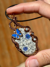 Load image into Gallery viewer, K2 azurite in granite with aquamarine + sapphire inclusions Wire wrapped pendant
