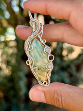 Load image into Gallery viewer, Mariposite with Amazonite + garnet gem accent wire wrapped pendant necklace
