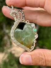 Load image into Gallery viewer, Green fluorite heart with rose quartz + turquoise gem accents wire wrapped pendant necklace
