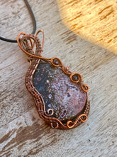 Load image into Gallery viewer, DUO TONED WIRE + DESIGNER CAB ocean jasper with garnet + carnelian inclusions  Wire wrapped pendant
