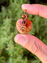 Load image into Gallery viewer, Bumblebee jasper mini heart with garnet gem accent wire wrapped pendant necklace
