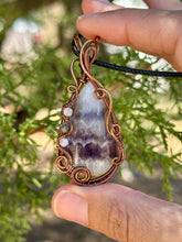 Load image into Gallery viewer, ARTISAN CAB (Flintstone studio) Chevron Dream Amethyst with moonstone + Iolite inclusions wire wrapped pendant talisman necklace
