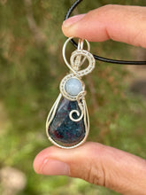 Load image into Gallery viewer, Ruby in kyanite with aquamarine gem accents wire wrapped pendant necklace
