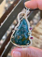 Load image into Gallery viewer, DESIGNER CAB (etched by Marina Rabinskaya) Bloodstone with ruby and prehnite inclusions  Wire wrapped pendant
