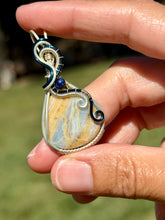 Load image into Gallery viewer, Blue scheelite with lapis lazuli gem accents wire wrapped pendant necklace
