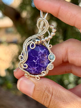 Load image into Gallery viewer, Lightning purple magnesite with blue topaz + moonstone gem accents wire wrapped pendant necklace
