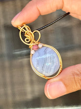 Load image into Gallery viewer, Blue lace agate with rose quartz + Rhodonite gem accents wire wrapped pendant talisman necklace
