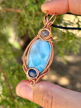 Load image into Gallery viewer, Larimar with blue kyanite + super 7 inclusions wire wrapped pendant necklace talisman
