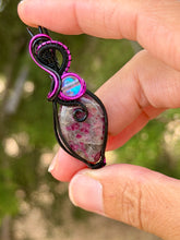 Load image into Gallery viewer, Ruby with angel aura quartz gem accent wire wrapped pendant necklace
