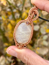 Load image into Gallery viewer, Moonstone with amethyst inclusion Wire wrapped pendant
