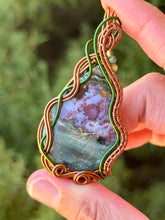 Load image into Gallery viewer, Artisan cab (positive rocks) Indian agate with prehnite with zoisite gem accent wire wrapped pendant necklace
