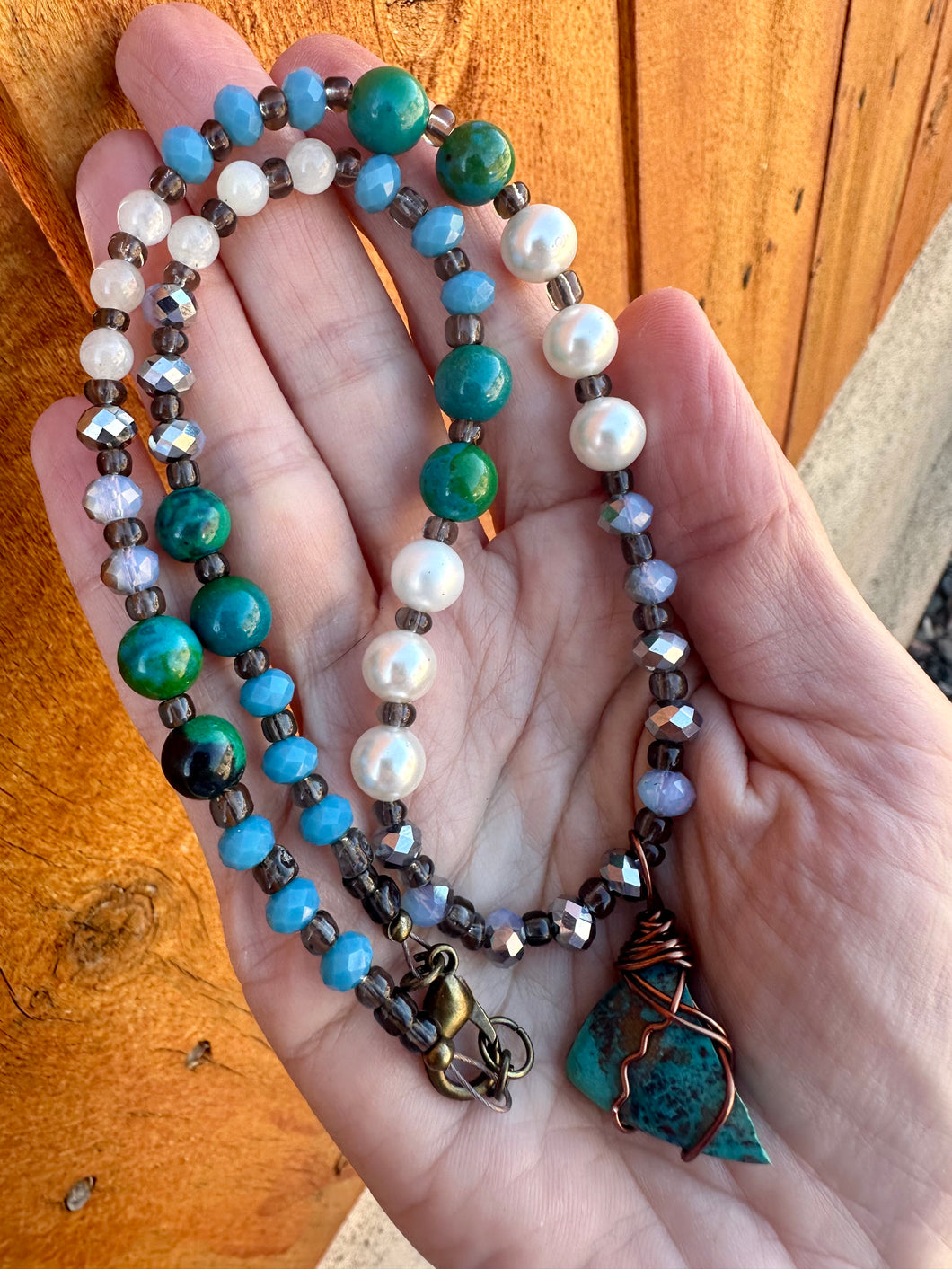 Reserved for Dana p Shattuckite with crystal beading Wire Wrapped Pendent Necklace