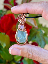 Load image into Gallery viewer, Aquamarine with rose quartz gem accent wire wrapped pendant necklace
