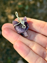 Load image into Gallery viewer, Mini amethyst wolf with moonstone gem accent wire wrapped pendant necklace
