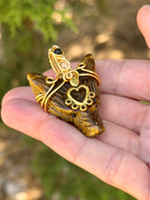 Load image into Gallery viewer, Tiger eye wolf with citrine + black tourmaline gem accents wire wrapped pendant necklace
