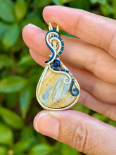 Load image into Gallery viewer, Blue scheelite with lapis lazuli gem accents wire wrapped pendant necklace
