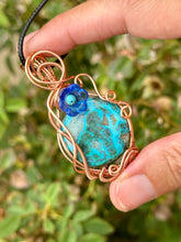 Load image into Gallery viewer, Malachite / Chrysocolla with turquoise gem inclusions wire wrapped pendant necklace
