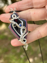 Load image into Gallery viewer, ARTISAN STONE Fordite with onyx + lapis lazuli gem accents wire wrapped pendant necklace
