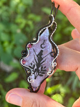 Load image into Gallery viewer, Artisan cab (Marina rabinskaya) Lepidolite Mica with pyrite, ruby,  onyx gem accents wire wrapped pendant necklace
