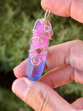 Load image into Gallery viewer, Cotton candy aura quartz with raspberry jade gem accent mini wire wrapped pendant necklace
