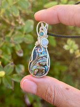 Load image into Gallery viewer, Abalone with aquamarine + blue apatite gem accents wire wrapped pendant necklace
