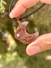 Load image into Gallery viewer, Strawberry quartz moon with rose quartz gem accents wire wrapped pendant necklace
