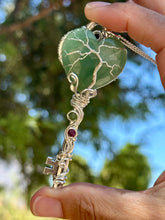 Load image into Gallery viewer, Green aventurine heart with ruby in zoisite inclusions skeleton key wire wrapped pendant talisman necklace
