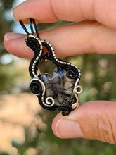 Load image into Gallery viewer, Rutile quartz heart with onyx gem stone accents wire wrapped pendant necklace
