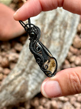Load image into Gallery viewer, Fossilized palm root with black tourmaline mini wire wrapped pendant necklace
