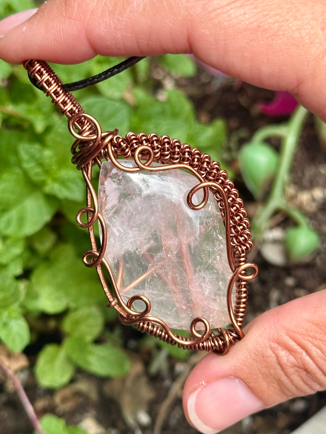 Fire quartz wire wrapped pendant talisman necklace