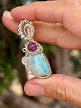 Load image into Gallery viewer, Larimar with lepidolite + rose quartz gem accent wire wrapped pendant necklace

