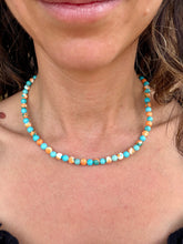 Load image into Gallery viewer, Teal Magnesite + orange glass accent bead beaded combo 18” stretchy necklace
