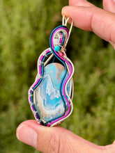 Load image into Gallery viewer, Artisan cab (positive rocks) Aurora Opal/Plume Agate with moonstone, turquoise, raspberry jade gem accents wire wrapped pendant necklace
