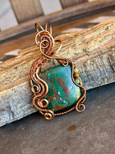 Load image into Gallery viewer, Artisan cab (johari gems)  green chrysocolla with peridot + tiger eye wire wrapped pendant necklace
