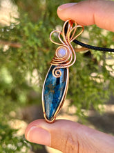 Load image into Gallery viewer, Azurite with moonstone inclusion wire wrapped pendant talisman necklace
