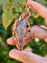 Load image into Gallery viewer, Artisan cab (positive rocks) purple imperial jasper with amethyst, garnet, hematite gem accents wire wrapped pendant necklace
