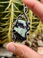 Load image into Gallery viewer, Artisan cab (johari gems) kammererite with blue goldstone + labradorite gem accents wire wrapped pendant necklace
